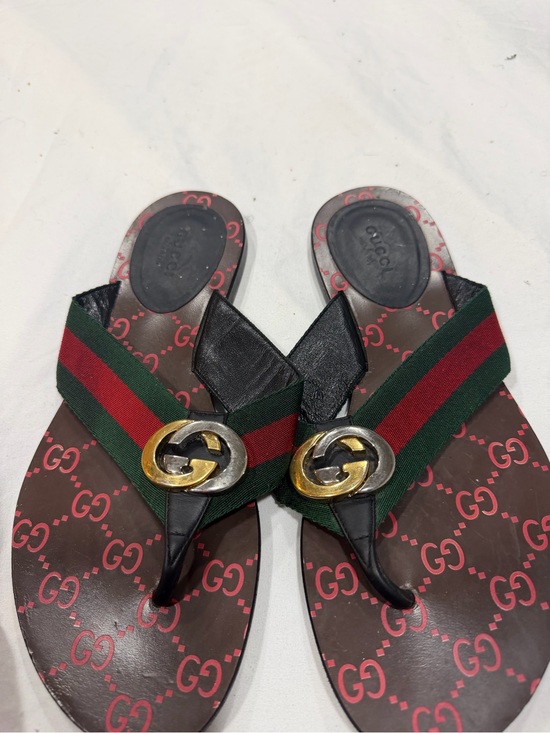 Gucci Shoes - Gucci Brown GG Monogram Thong Sandals with Green and Red Web Stripe